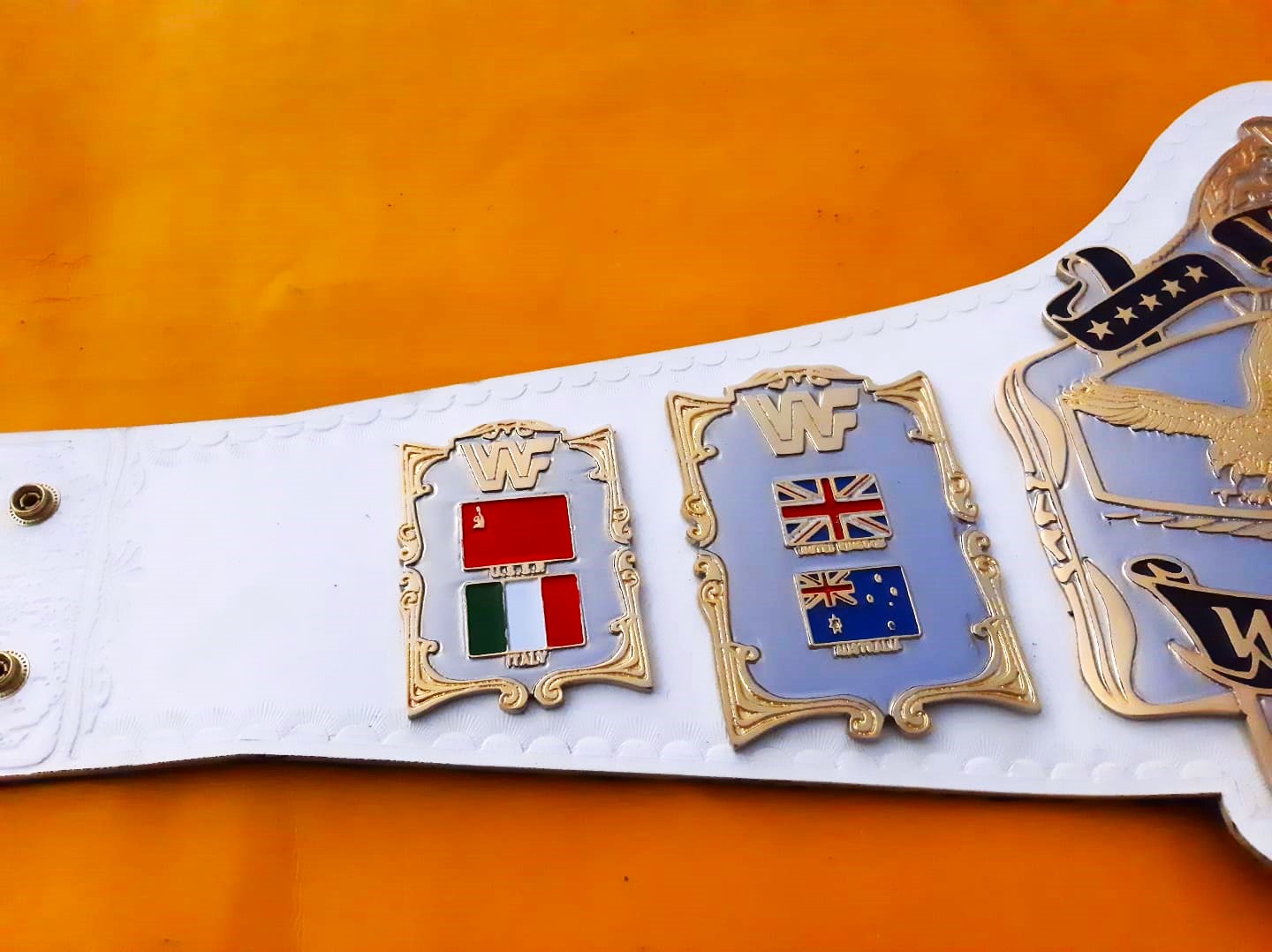 WWF ANDRE 87 White Leather Strap Championship Replica Title - THE BELTS BROTHERS LTD