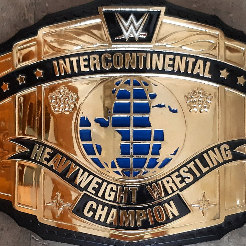 Gold and black wrestling championship belt with WWE logo